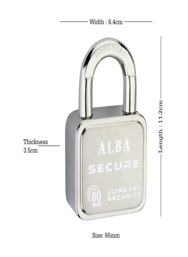ألبا قفل ALBA Secure عالي التقنية 65 مم، نظام أمان متين يعمل بالضغط مع حماية مدمجة | آلية مقاومة للصدأ | قفل عالي القوة للأبواب والبوابات والستائر | 4 مفاتيح نحاسية فائقة المتانة مع سلسلة مفاتيح - Image 2